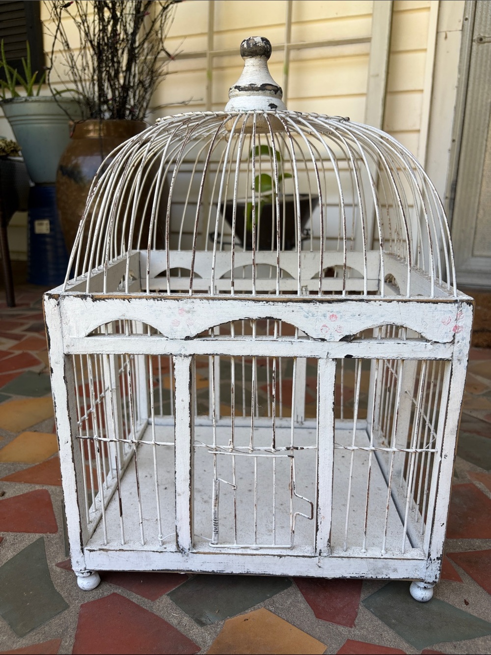 Vintage White Decorative Bird Cage Hand Painted Wood and Wire